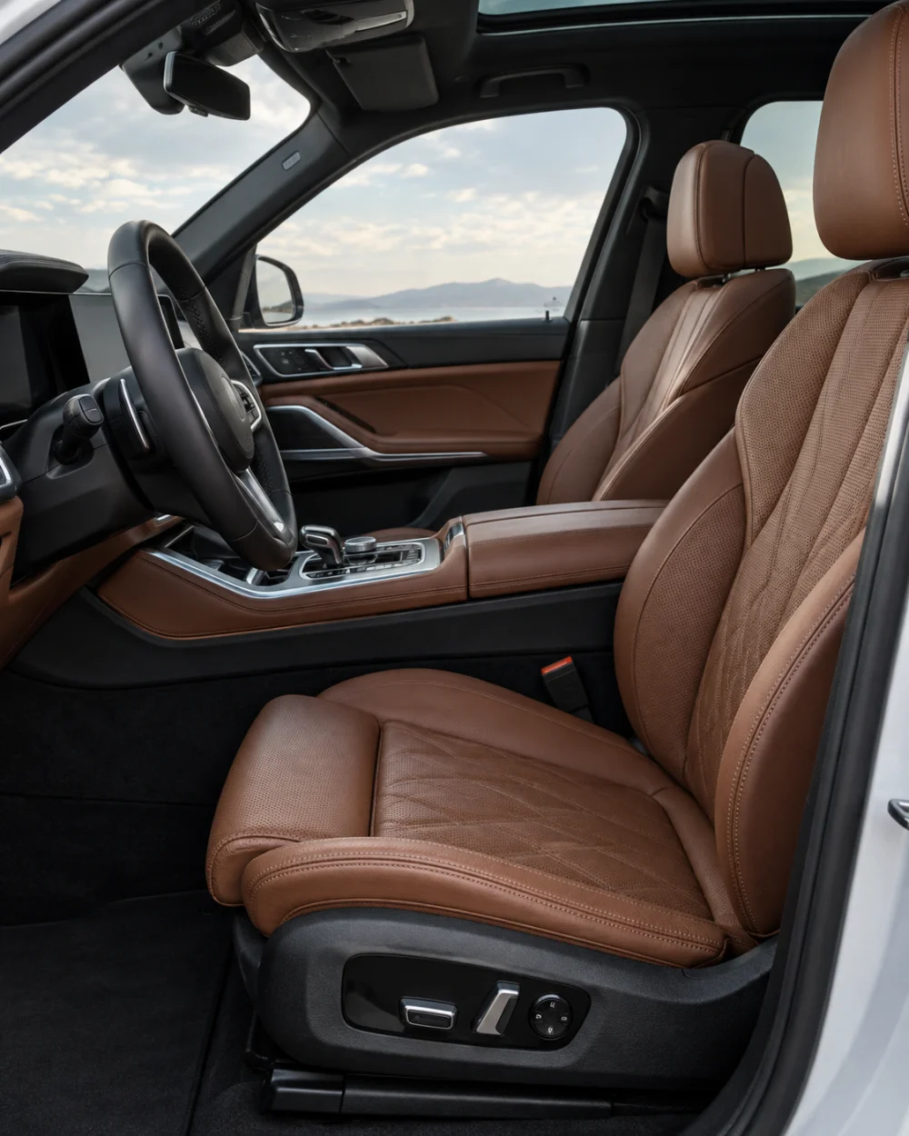 Leather seats and interior detailing of a luxury vehicle